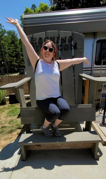 Taysia in a tourism chair in Hocking Hills Ohio